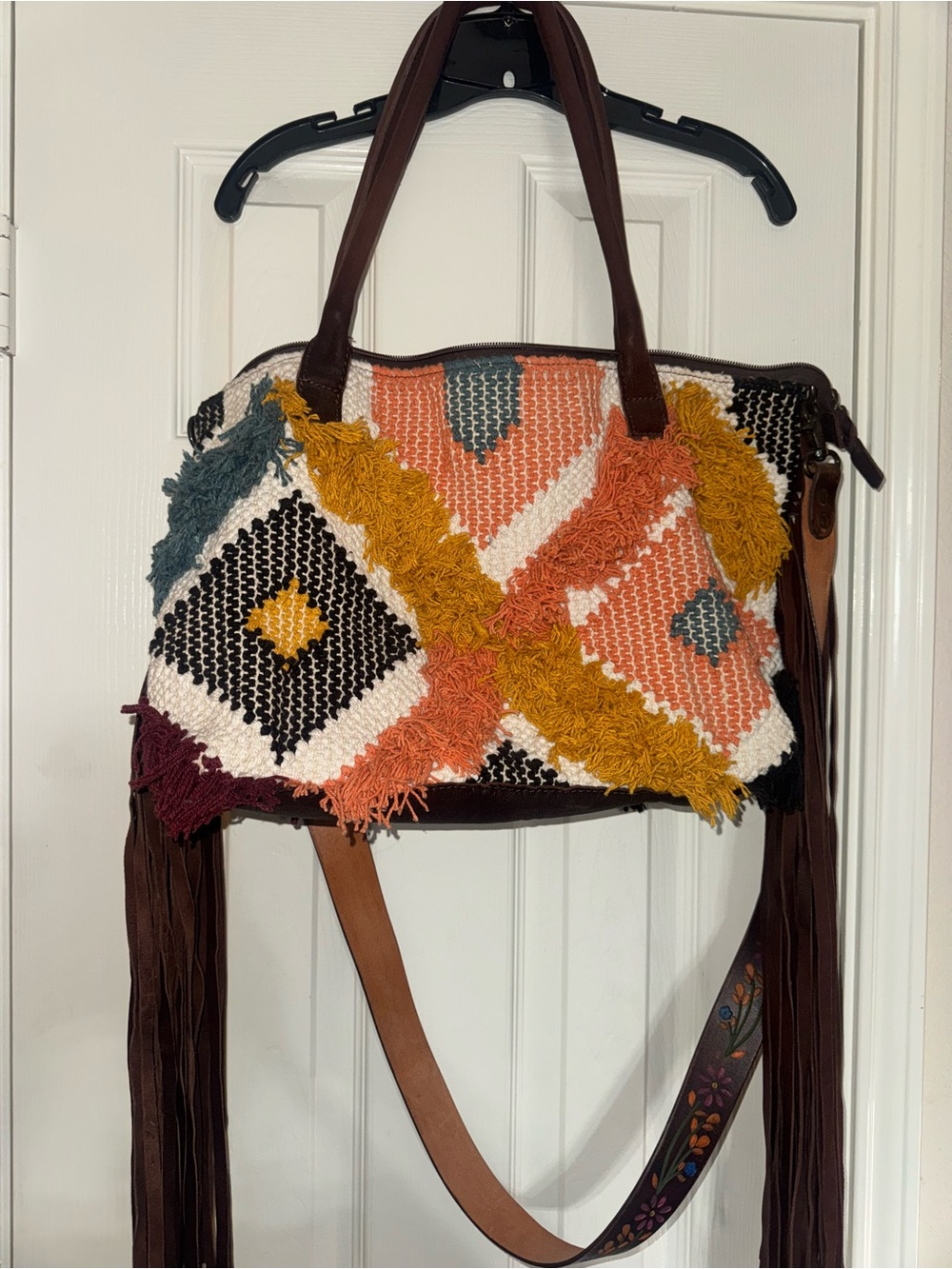 American Darling Boho Fringe Woven Tote Bag in Mustard, Coral & Teal